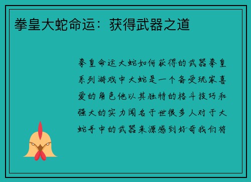 拳皇大蛇命运：获得武器之道